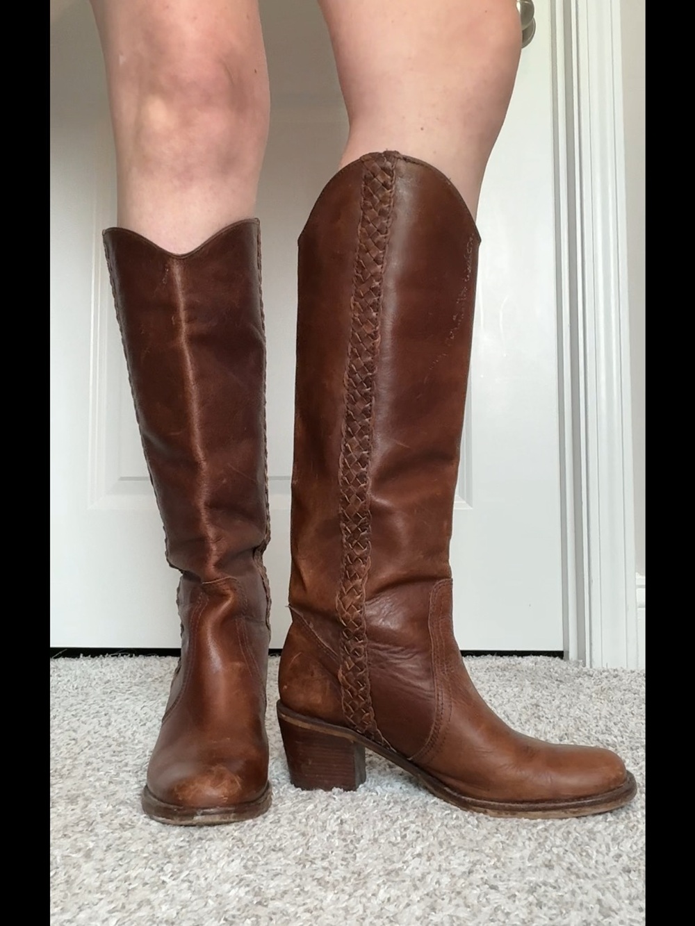 Steve Madden Hypper Womens 8 Brown Leather Braided Knee High Western Boots